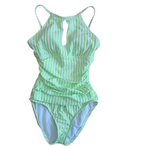 Ellen Tracy One Piece Swimsuit Keyhole Ruched Seersucker Lime Green White Size 6